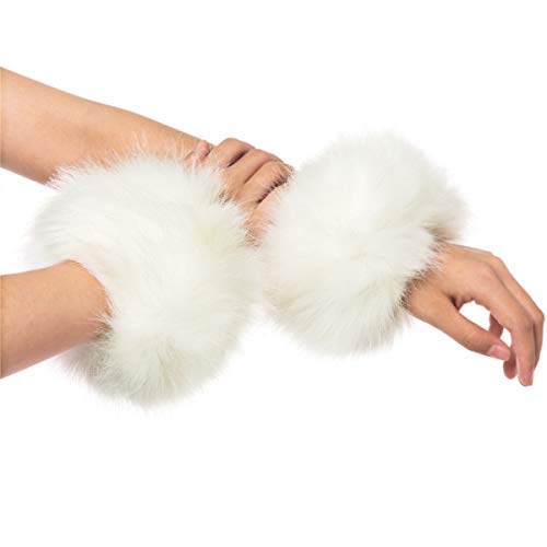 Lucky Leaf Women Winter Wrist Warmers Faux Fox Fur Soft Cuffs Band Ring for Cold Weather