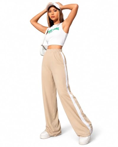 Image of Women's Wide Leg Track Pants, Beige with White Side Stripe, Elastic Waist, Casual Style