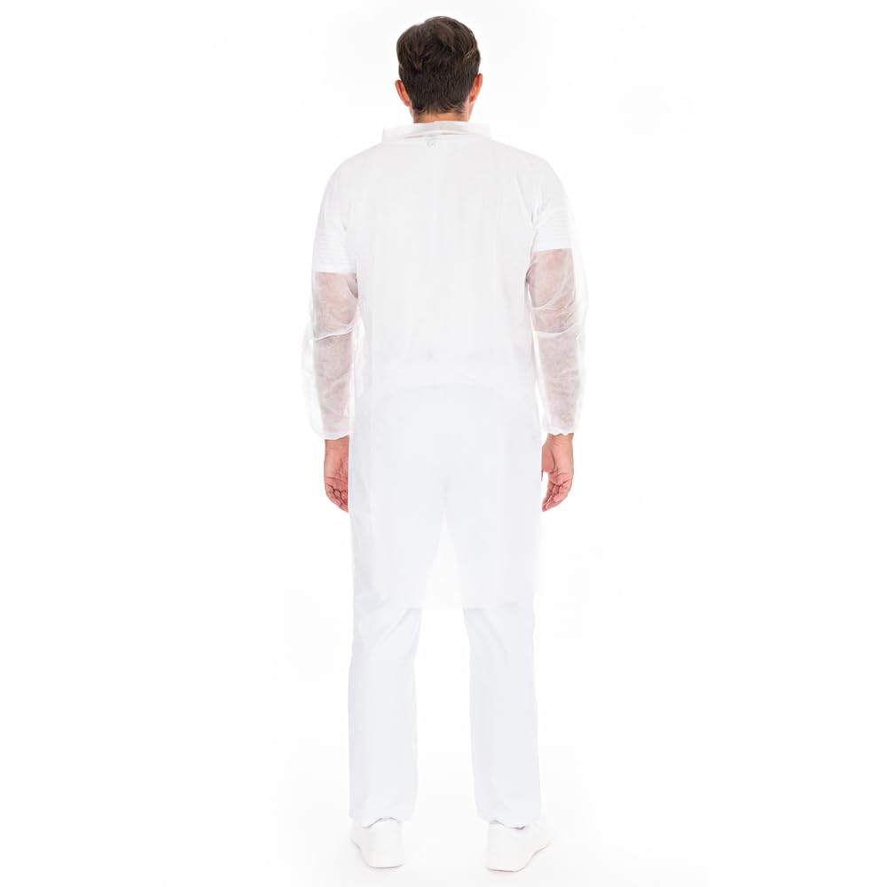 FRANZ MENSCH 100 Stück Hygonorm Besucherkittel Light mit Klettverschluss, Stehkragen | PP, white, XXL, L: 110cm, Umfang: 140cm, Box, Einwegkittel, Einwegkittel, Besucherkittel