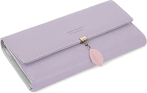 RRANCharltu Portefeuille Femme Longue Porte-Cartes Porte Monnaie Femmes à Glissière avec Feuille Pendentif en PU Cuir, 10 Emplacements Cartes pour Cadeau de Noël Saint-Valentin (Violet Clair) Cover