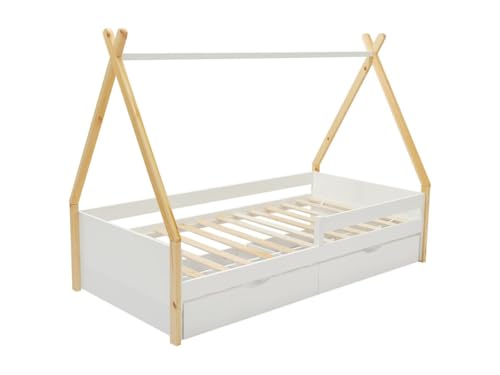 Vente-unique-Cama Tipi 90 x 190 cm con cajones - Pino y MDF - Color: Blanco y Natural - LUANCO