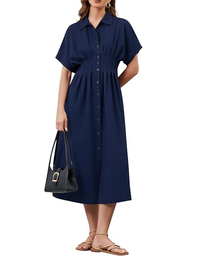 Image of MSBESYOR Women Button Front Pleated Shirt Maxi Dress Summer Striped Prints Short Sleeve Collar Casual Long Dresses Navy Blue