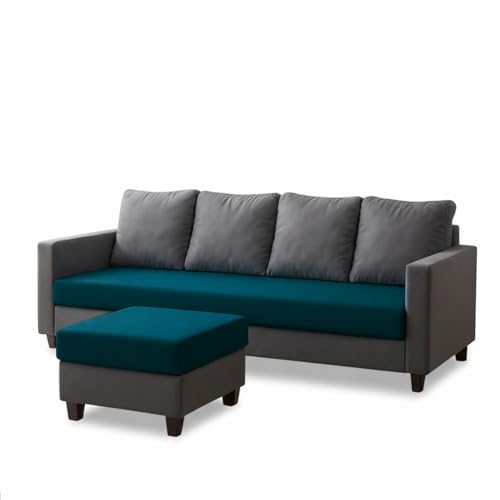 Image of FURNY Arnold 5 Seater L Shape Sofa Set with Movable Ottoman | Flexible Left or Right Layout | Plush Velvet Fabric (Dark Grey-Greenish Teal) | Perfect for Living Room, Guest Room & Office