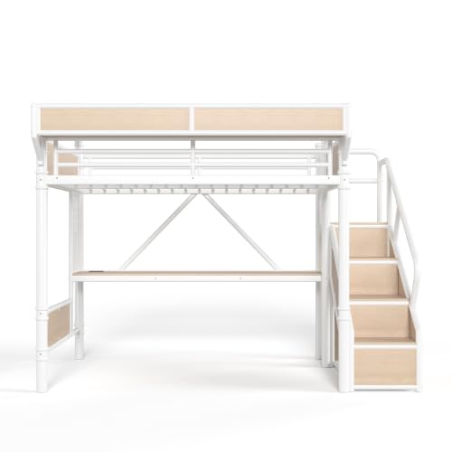 Image of Bellemave Full loft Bed with Storage Stairs, Wardrobe, Shelves, Metal Full Loft Bed Frame for Adults, Kids, Teens, White+Natural Wood with Stairs
