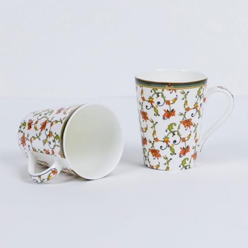 Image of GOLDEN QUEEN'S Mugs & Coaster Set of 2 for Coffee, Tea, Milk - Ideal for Your Daily Beverage Ritual, Hosting & Casual Gatherings | 300ML | Micorwave Safe - Chinar Bloom