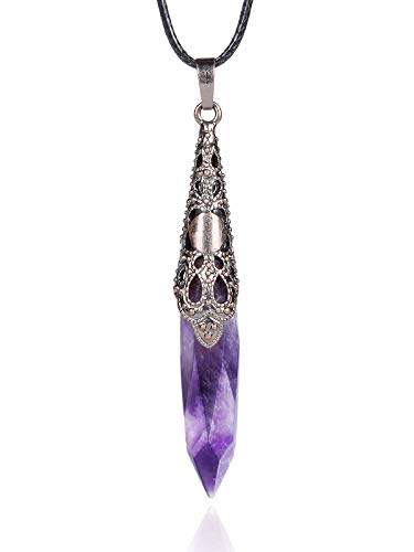 Kzbaki Amethyst Healing Crystal Stone Necklace Bronze Flower Wrapped Facted Point Reiki Divination Wicca Balancing Pendulum Pendant for Women