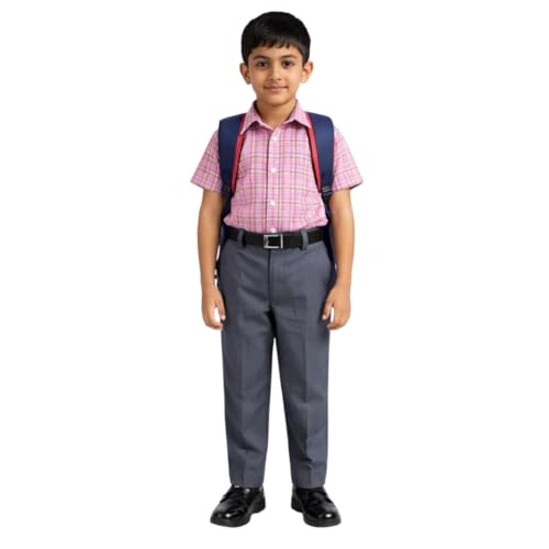 Image of Boys School Uniform Half Sleeve Checked Shirt with Pants Set - Comfortable Cotton Blend School Wear for Kids
