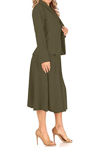 Two Piece Lightweight Solid Long Sleeve Casual Blazer Relaxed A-Line Midi Skirt Olive 3XL2