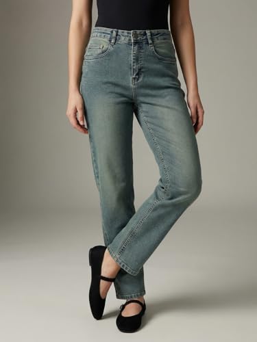 Image of Urbano Fashion Women's High Rise Straight Fit Washed Jeans Non-Stretchable