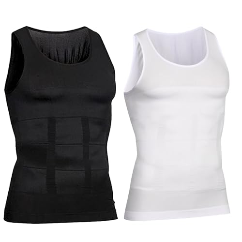 2pcs Mens Slimming Vest, Body Shaper for Men, Men's Slim Shapewear Vests Tank Top 2.0, Mens Belly Fat Compression Slim Vest for Men UK(M, A-White+Black)
