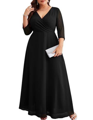 ZOMVA Plus Size Maxi Formal Dress Lace Chiffon Floral V-Neck Wrap Wedding Guest Evening Gown Cocktail Prom 3/4 Sleeves
