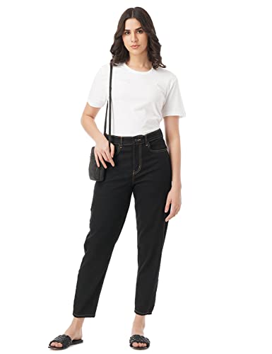 Image of INKD Women's Stretchable Barrell Fit Jeans (Super Black, 36), High Rise