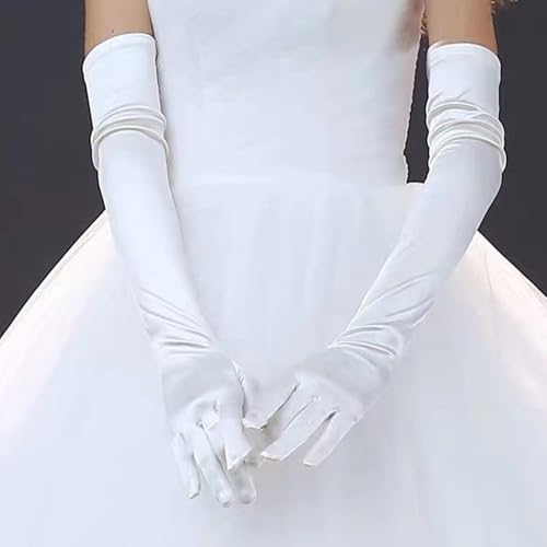 BFUZXY 1 Paar Lange Weiße Handschuhe Lang Handschuhe Damen Elegant Seidenhandschuhe Satin Classic Abendhandschuhe Stoff für Halloweenkarneval Party Ball Opera Abschlussfeiern Hochzeiten (Weiße)