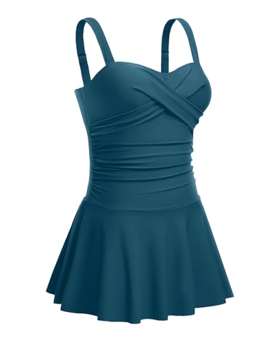 Image of Aqua Eve One Piece Swim Dress Tummy Control Swimsuit with Skirt Modest Bathing Suit Vintage Swimdress