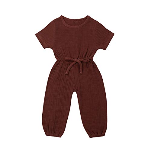 Mubineo Toddler Baby Girl Summer Fall Basic Plain Short Sleeve Cotton Linen Drawstring Romper Jumpsuit (Coffee, 4-5T)