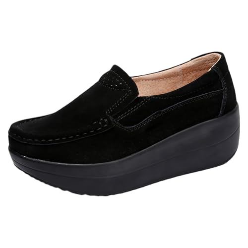 rismart Women's Walking Seankers Suede Leather Wedge Heel Slip on Trainers Shoes Black, 8