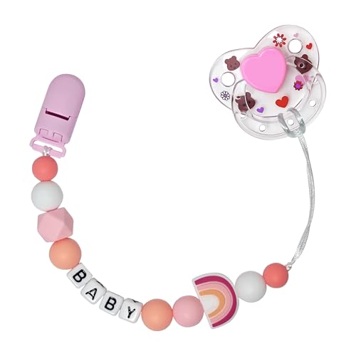 Image of Pink Pacifier Clip Chain with Magnetic Pacifier for Reborn Baby Dolls Feeding Toy Accessories for Kids Gift (Heart Bear Pattern + Pink Rainbow Chain)