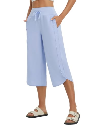 baleaf Women's Capri Pants Wide Leg Athletic Yoga Capris with Pockets Quick Dry Hiking Pants Loose Lounge Summer UPF 50+