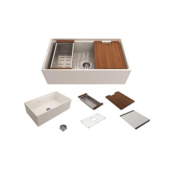 BOCCHI Contempo Workstation Apron Front Step Rim Fireclay 33 in. Single Bowl Kitchen Sink with Accessories in White BOCCHI Contempo Workstation Apron Front Step Rim Fireclay 33 in. Single Bowl Kitchen Sink with Accessories in White