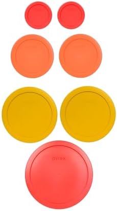 Pyrex (1) 7402-PC 6/7 Cup Red (2) 7201-PC 4 Cup Cobalt Blue (2) 7200-PC 2 Cup Orange (2) 7202-PC 1 Cup Green Food Storage Lids - 7 Pack