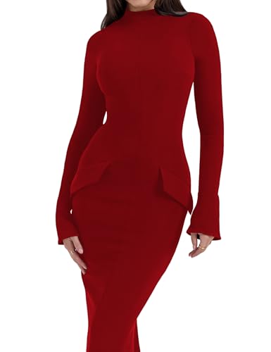 Women's Sexy Mock Neck Back Slit Long Sleeve Bodycon Maxi Dress Elegant Flared Sleeve Prom Dress2