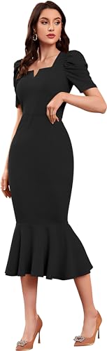Image of SATPURUSH Women's Lycra Blend Sweet-Heart Neck Puff Sleeve Fit and Flared Calf Length Casual Bodycon Dress for Party, Office, Meetings Etc.