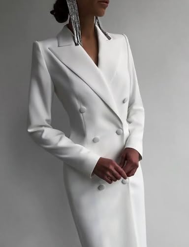 Women's Long Suit Jacket Dress Formal Business Peak Lapel Double Breasted Buttons Blazer3