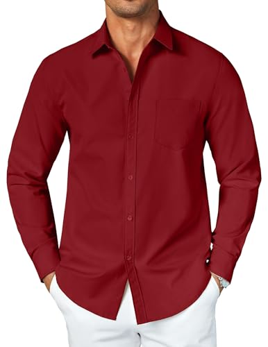 COOFANDY Men Button Down Long Sleeve Dress Shirt Business Casual Untucked Regular Fit Fashion Button Up Shirt Burgundy M