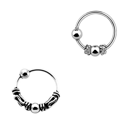 DENI 2 aros nariz pequeños de plata de ley, diseño bali con cierre, diferentes, diámetro 7mm, grosor 0,6mm.
