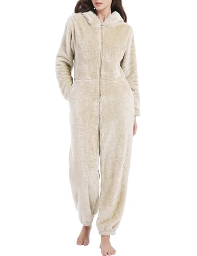 Kissonic Women's Onesies Pajamas Sherpa Fleece One Piece Romper Zipper Cute Hooded Jumpsuit Pajama Loungewear