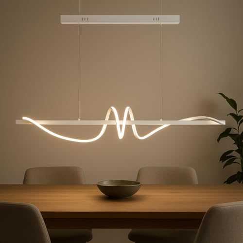 MAKA Lampadario a Sospensione LED Soggiorno, Lampada Cambio Temperatura Luce Calda-Naturale-Fredda, Design a Onde, 65 Watt 7150 Lumen, 220 Volt, Lampadario Camera da Letto (Switch Bianco)