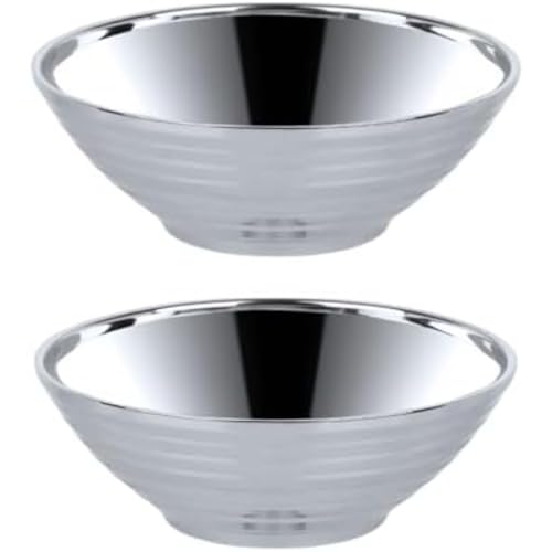 INECARラーメン鉢2個セットステンレス製切立丼モダンデザイン二重構造厚手耐熱軽量割れにくい丈夫衛生的お手入れ簡単大容量ラーメンうどんスープ冷麺家庭用業務用ラーメン店向け食器 (シルバー2个セット)