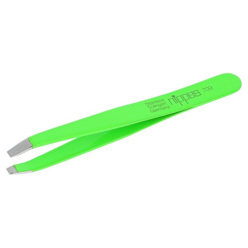 Nippes Stainless Steel Bent Flat End Tweezers - Quality Handmade in Solingen Germany - Professional Grade - Ergonomic Hand Grip - for Eyebrows, Eyelashes, Ingrown Hairs & Splinters [Green]