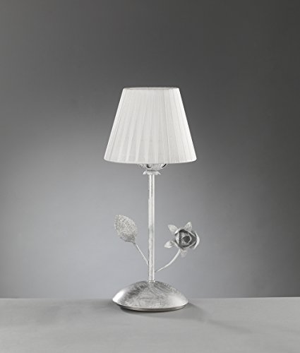 ONLI - Lampada da tavolo Rose in metallo color bianco e argentato e decorazione con rose. Paralume in tessuto bianco plissettato. 1 x E14. Ideale come abat-jour camera da letto. stile classico.