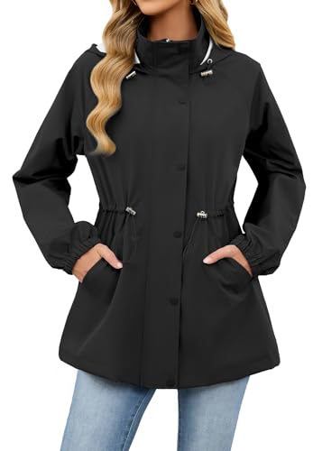 Zando Lightweight Rain Jacket Women Waterproof - Womens Rain Coat with Hood Light Windbreaker Jacket Trench Coat Windproof Travel Raincoat for Women Spring Fall Jackets 2026 Outdoor Black XL