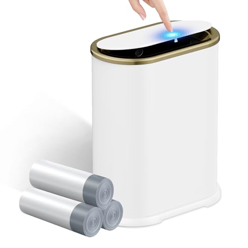 Image of KSSKSS 1.8 Gallons Small White Bathroom Trash Can with Lid, Slim Bathroom Garbage Bin, Dog Proof Trash Can with Pop-Up Lid for Bedroom,Toile, White