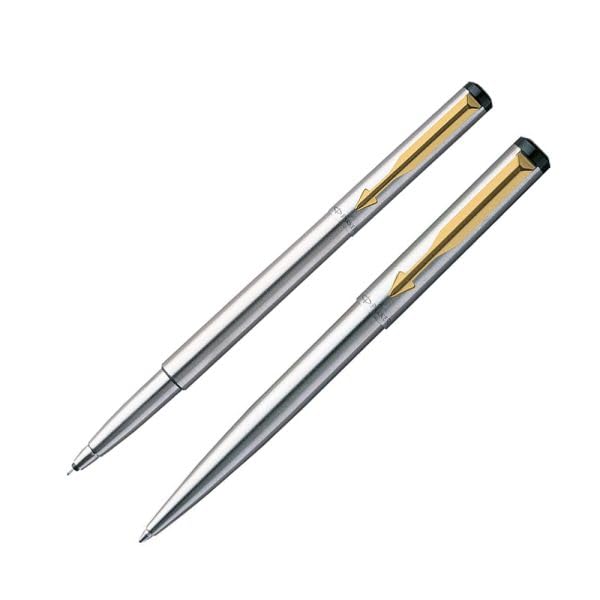 Image of PARKER Vector Stainless Steel with Gold Plated Clip Rollerball + Ball Pen Set