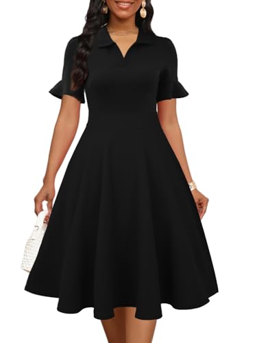 Womens Summer Ruffle Sleeve Collared V Neck Fit and Flare Elegant A line Swing Dresses with Pockets
