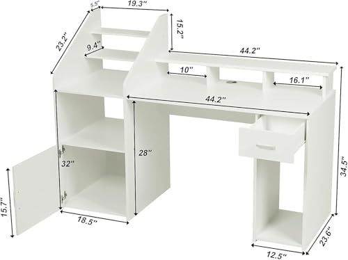 Image of Lakdi The Furniture Home & Office Workstation - Modern Computer Desk with Integrated 4-Tier Bookshelf, Monitor Stand Hutch, CPU Storage, and Utility Drawer - Sleek White Finish - 121534336