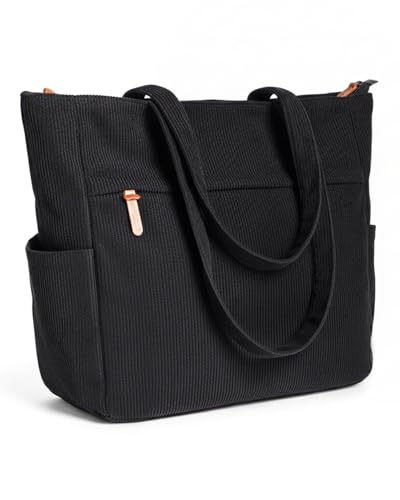 szyanlai Corduroy Tote Bags for Women Large Tote Bag with Zipper Shoulder Bags Handbags for College School Work Shopping Travel (Black L)