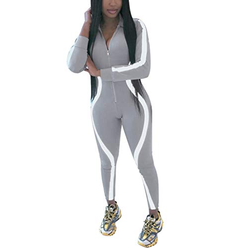 iYBUIA Women Yoga Fitness Motion Workout Reflective Patchwork Long Sleeve Tight Jumpsuit Zipper Slim S-L Gray