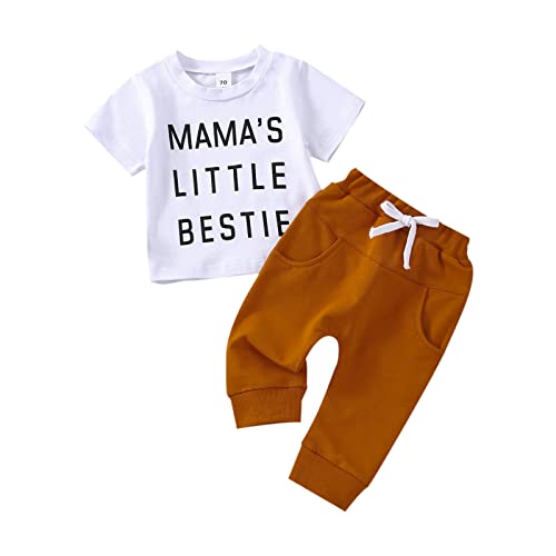 Toddler Baby Boy Clothes Sets Short Sleeve Letter Print T-shirt Tops + Drawstring Pants with Pocket (Mama's little bestie , 2-3T )