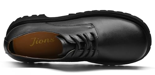 JIONS Mens Black Leather Derby Shoes Non-Slip 2.36" Thick-Soled Big Round-Toed Lace-up Platform Dress Business Oxfords2