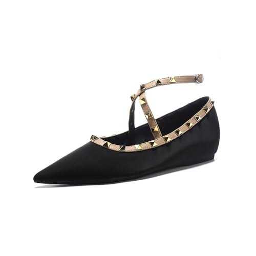 Women's Satin Rivet Cross Strap Flat Pumps Elegant Pointed Toe Heightened Non-Slip Slip-On Date Night Wedding Flats
