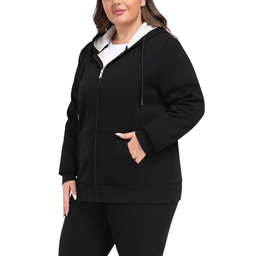 MoFiz Women's Plus Size Fleece Zip Up Hoodie Jacket Sherpa Lined Warm Coat Hooded Sweatshirts Black,3XL