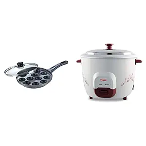 Prestige Omega Select Plus Non-Stick Paniyarakkal with Lid (240 mm, Black)- Gas Top Compatible only + Prestige PRWO 1.8 Litre Red Colour Rice Cooker