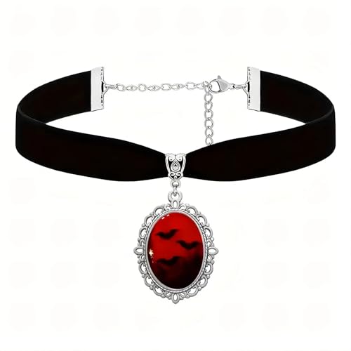 Kinretixia Collar con camafeo y colgante de murciélago, estilo gótico, cabujón rojo, accesorios vampiro para mujeres, accesorios Halloween, accesorios carnavales