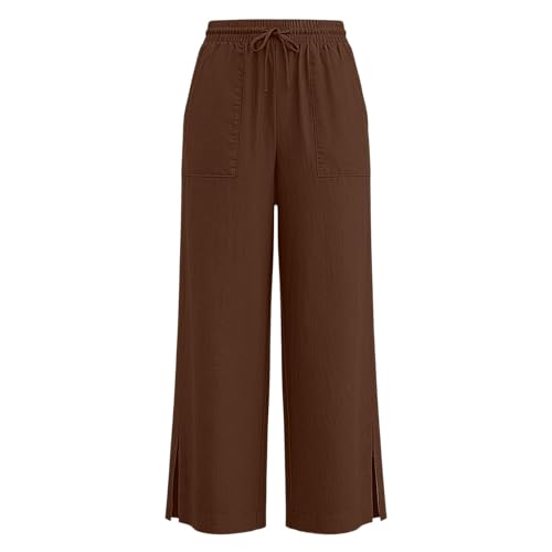 Image of Girls Linen Pants Wide Leg School Uniform Pants Cozy Elastic Waist Summer Casual Beach Lounge Trousers with Pockets