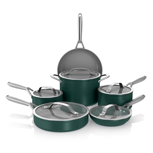 Image of Ninja Ceramic Pro 11Piece Cookware Set, NonStick Pots & Pans Set with Glass Lids, Nontoxic, PTFE Free, Ceramic Coated, Oven Safe, All Stovetops & Induction Compatible, British Racing Green, CW39011GN