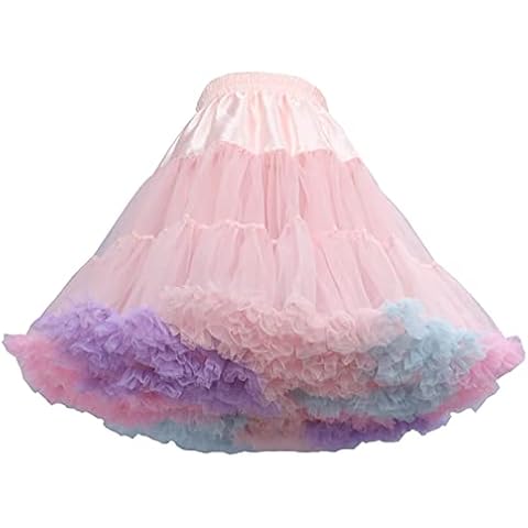 CUTIECLUB Women Tutu Petticoat Fluffy Underskirt Hoopless Mesh Plested Tulle Pettiskirt Multi-Layer Fluffy Underdress Rainbow Cover